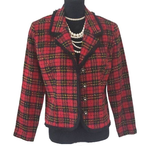 Michael B Ltd Womens Red Black Petite Plaid Button Up Acrylic Blazer Jacket 10 - Picture 1 of 8